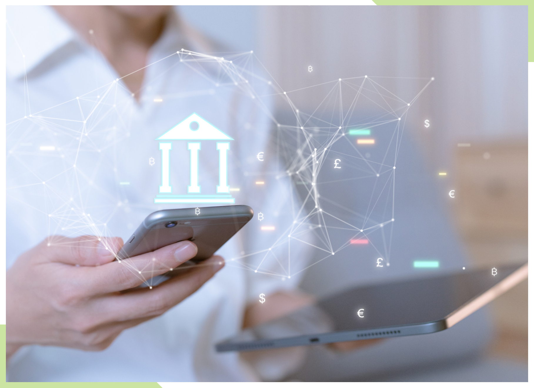A woman holds a cellular phone in one hand and a tablet in the other. A schema with an icon of a bank shows above the devices indicating digital money movement.